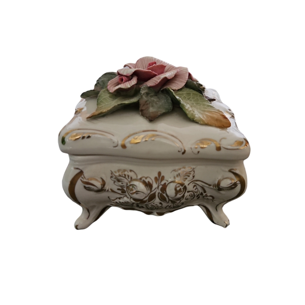 Cordey 6038 Porcelain Lidded Covered Trinket Box Footed Dish Pink Roses